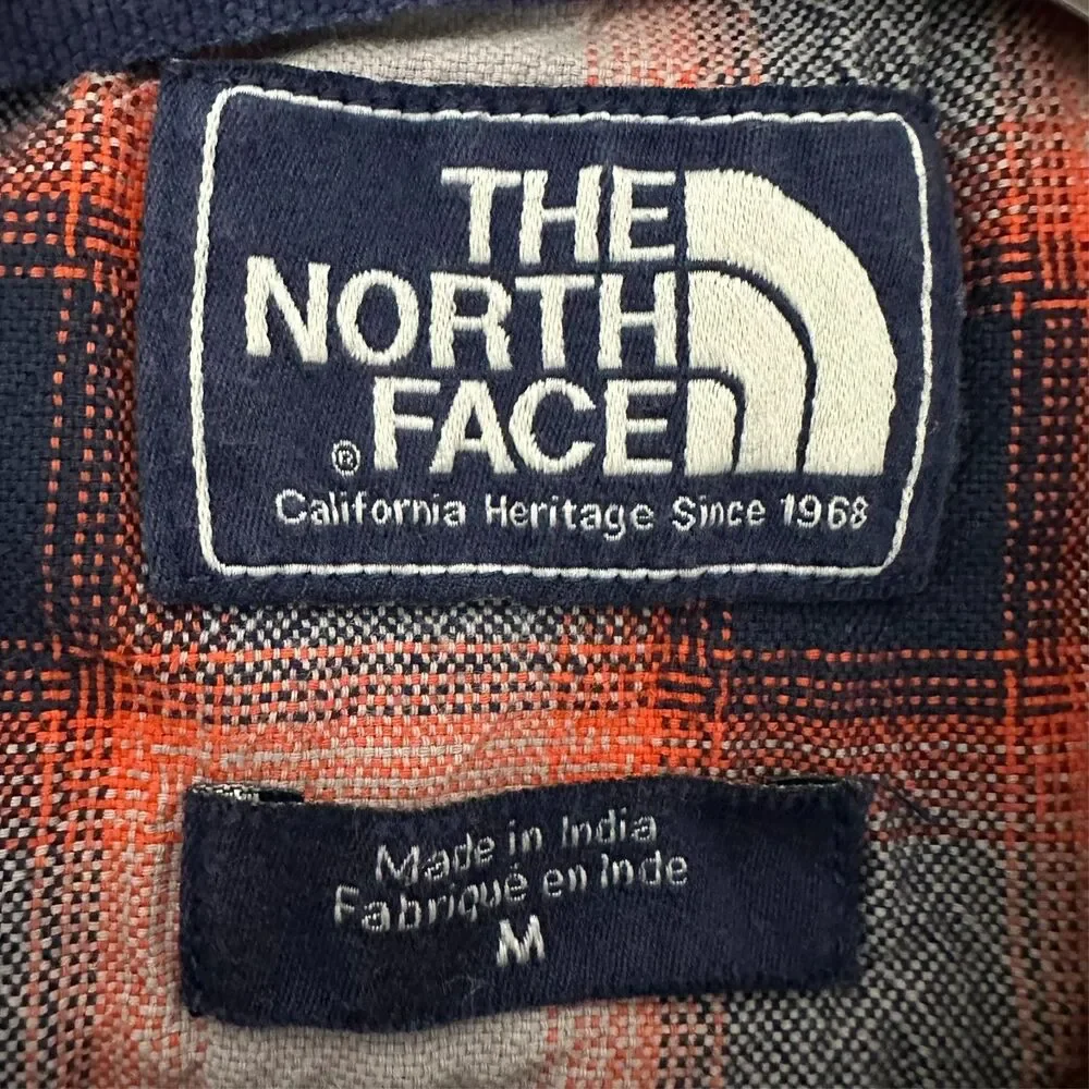 The North Face Plaid Camp Shirt Men's M Orange Blue Short Sleeve Hiking Outdoor